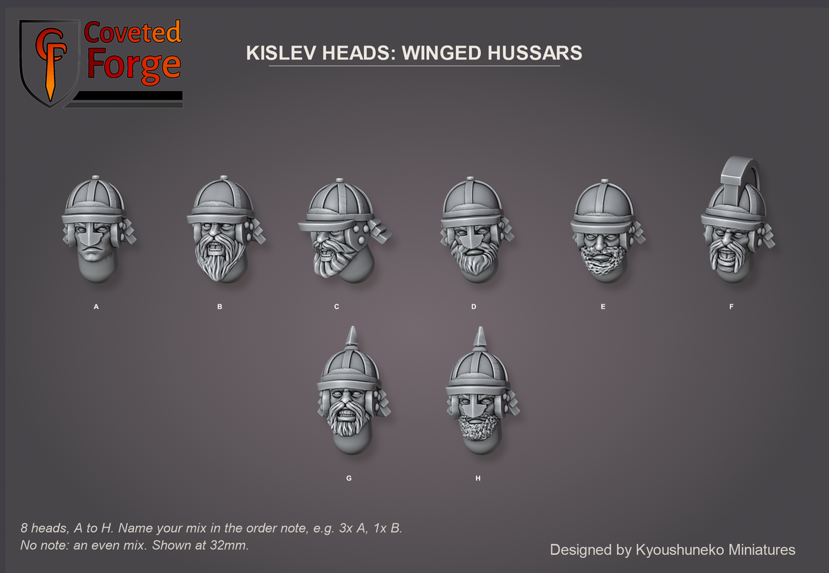 Coveted Forge bits sheet: Heads (2 of 4), Kislev Heads Winged Hussars style guide, 8 different heads lettered A to H to name in the order note, shown at 32mm, resin heads by Kyoushuneko Miniatures.