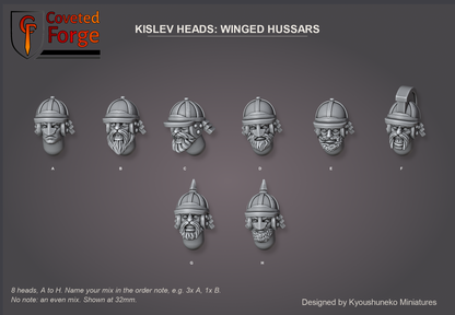 Coveted Forge bits sheet: Heads (2 of 4), Kislev Heads Winged Hussars style guide, 8 different heads lettered A to H to name in the order note, shown at 32mm, resin heads by Kyoushuneko Miniatures.
