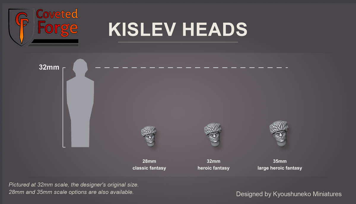 Coveted Forge scale reference: one Kislev Polearmsmen head at 28mm, 32mm and 35mm scale beside a 32mm human silhouette, front three-quarter view, each scale labelled for fantasy ranges (classic, heroic, large heroic); 32mm is the designer's original size, a downscaled 28mm option and an upscaled 35mm option are also available; every head style is the same scale.