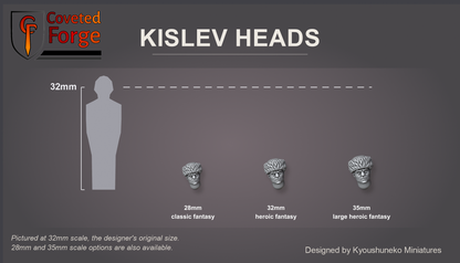Coveted Forge scale reference: one Kislev Polearmsmen head at 28mm, 32mm and 35mm scale beside a 32mm human silhouette, front three-quarter view, each scale labelled for fantasy ranges (classic, heroic, large heroic); 32mm is the designer's original size, a downscaled 28mm option and an upscaled 35mm option are also available; every head style is the same scale.