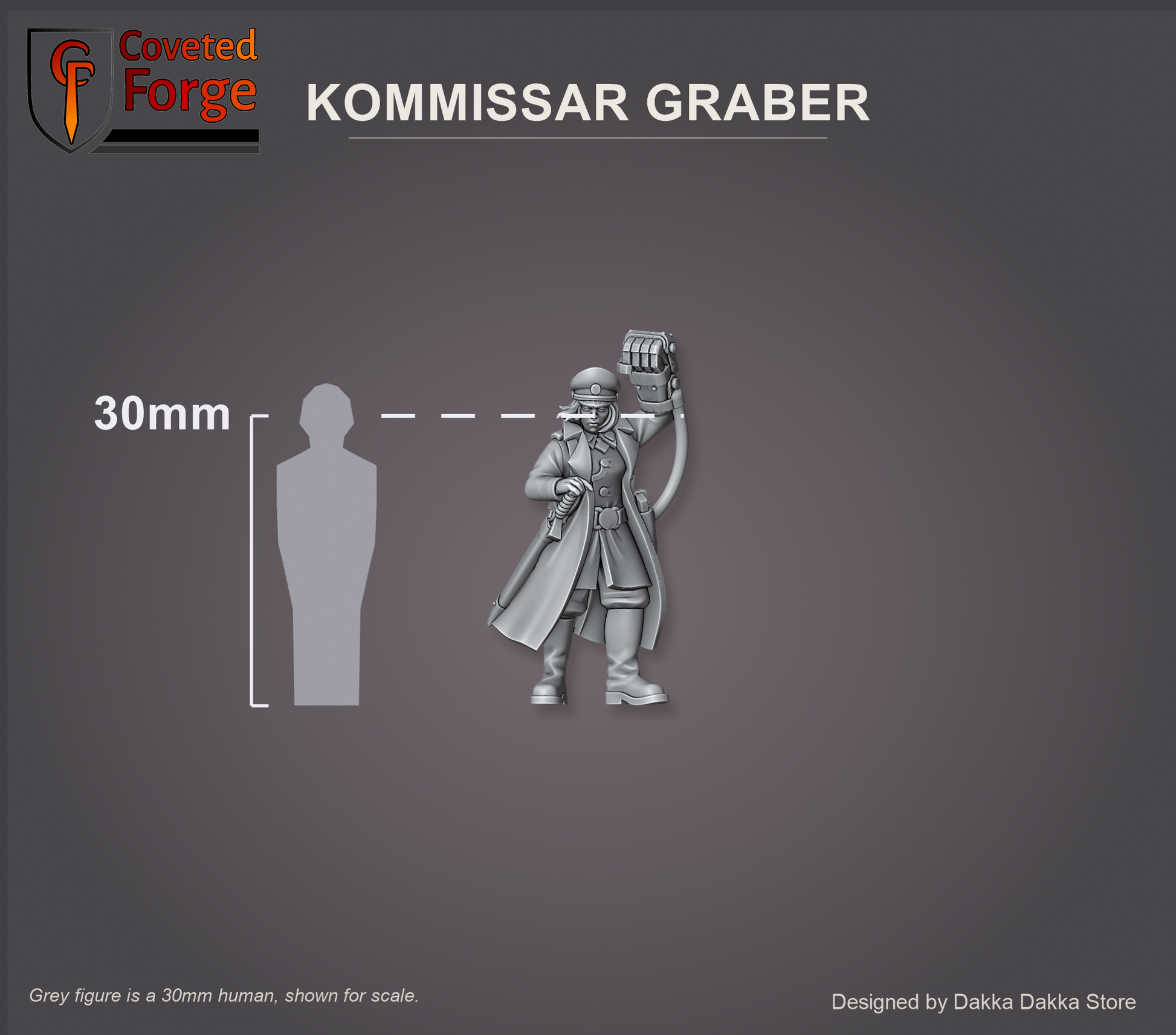 Kommissar Graber shown beside a 30mm human figure for scale, female commissar resin miniature