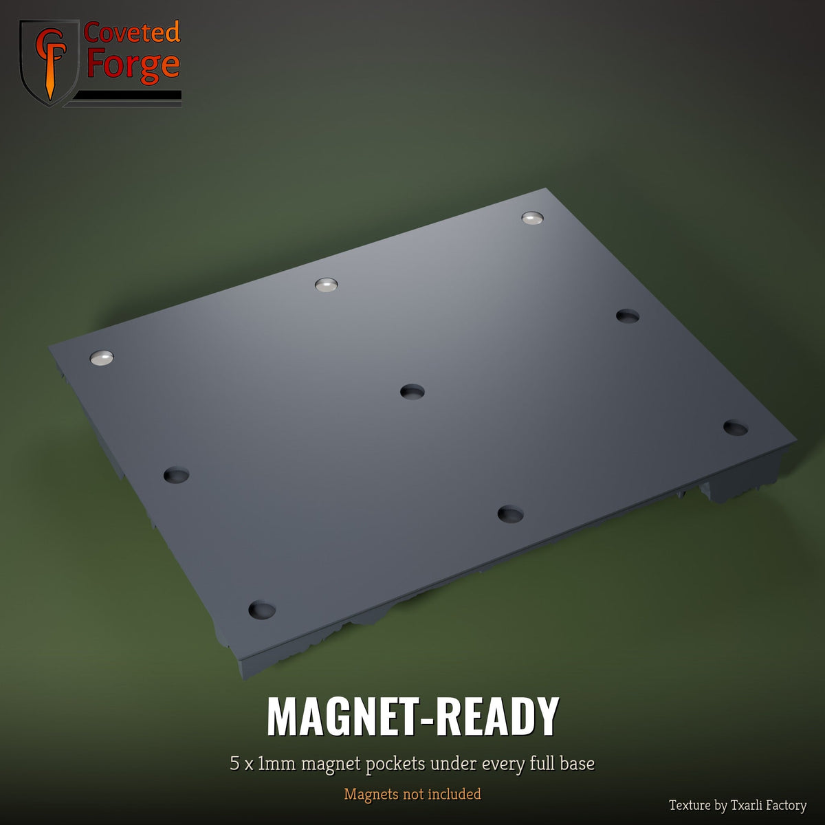 Underside of a full multibase showing the 5 x 1mm magnet pockets, magnets fitted in three