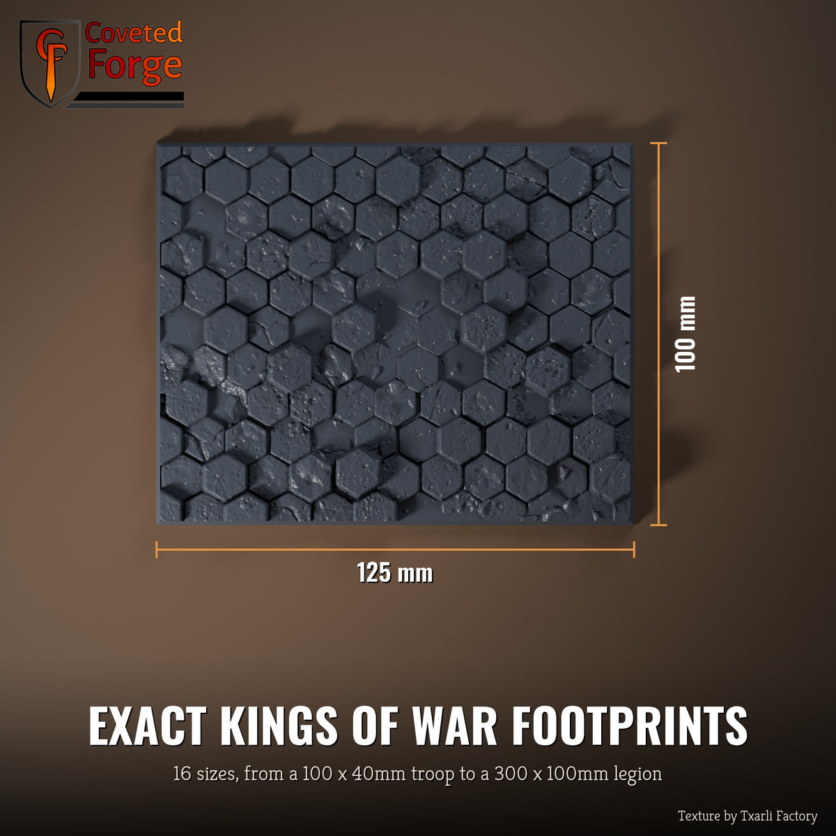 Basaltic multibase top view with dimensions, 125 x 100mm footprint