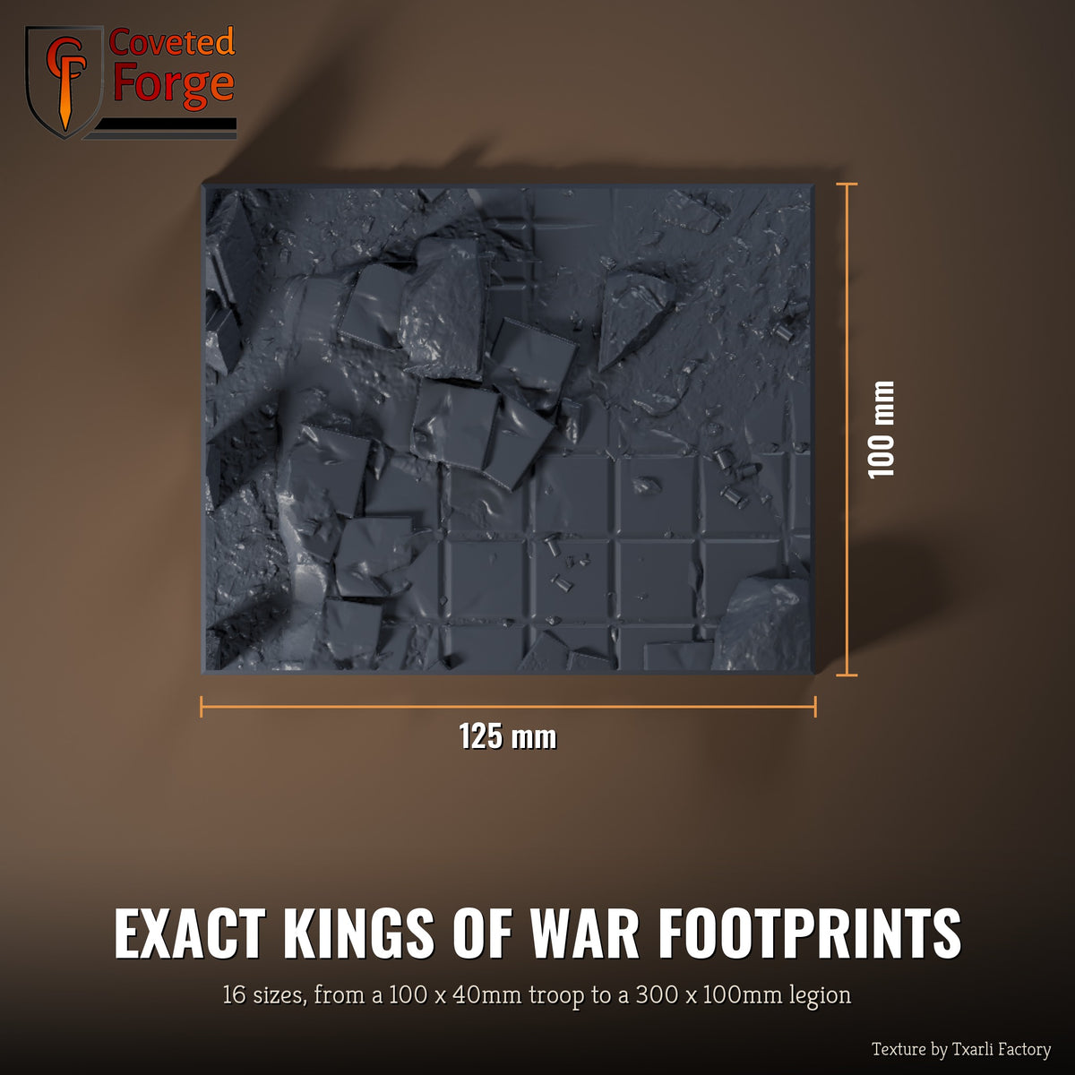 City Ruins multibase top view with dimensions, 125 x 100mm footprint