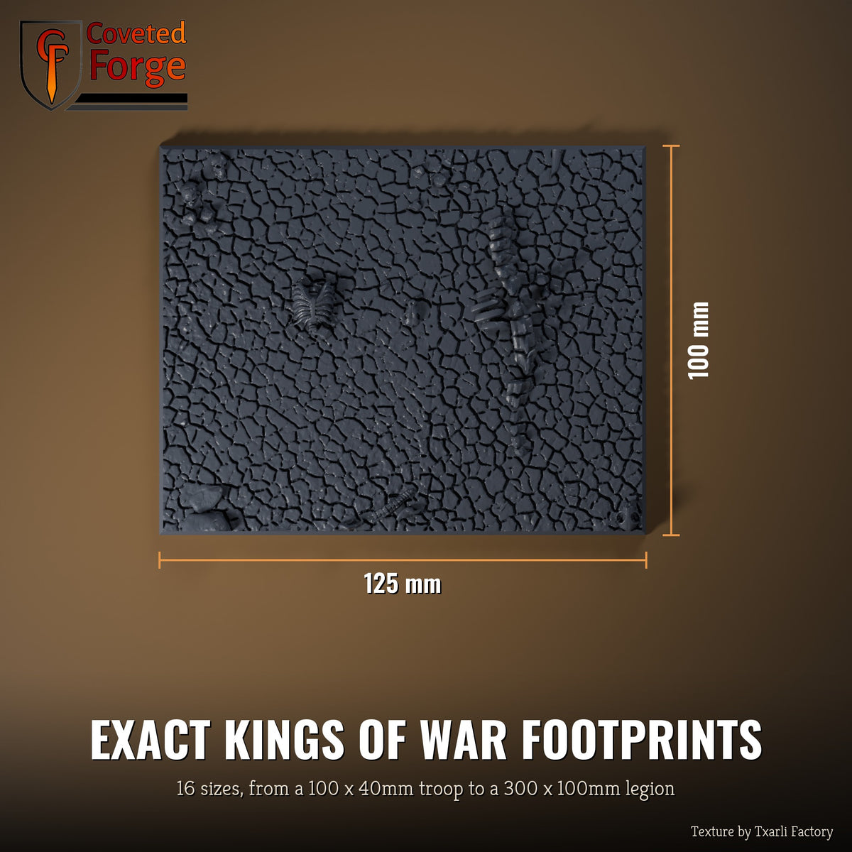Cracked Desert multibase top view with dimensions, 125 x 100mm footprint