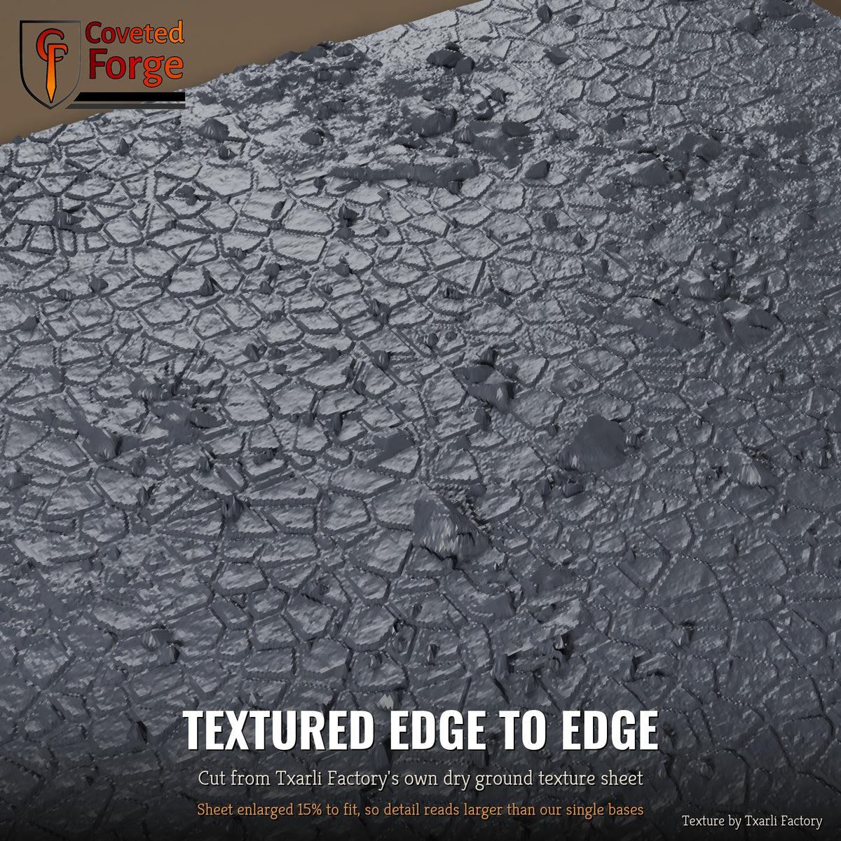 Dry Ground multibase texture close-up, 3D printed resin cut from the Txarli Factory dry ground texture