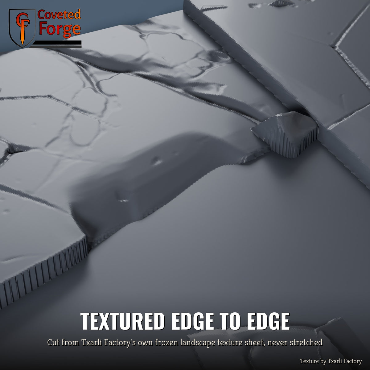 Frozen Landscape multibase texture close-up, 3D printed resin cut from the Txarli Factory frozen landscape texture