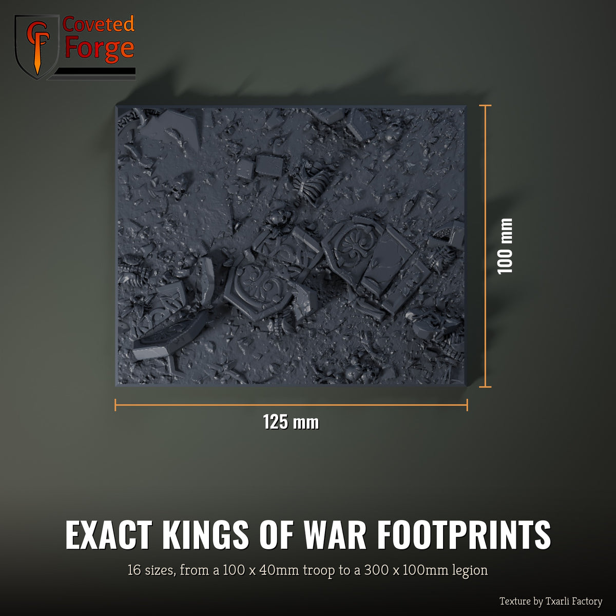 Graveyard multibase top view with dimensions, 125 x 100mm footprint