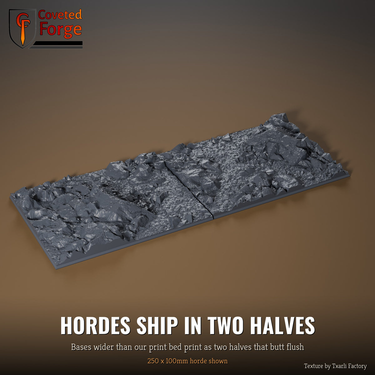 Stony Desert 250 x 100mm horde multibase printed as two halves that butt flush