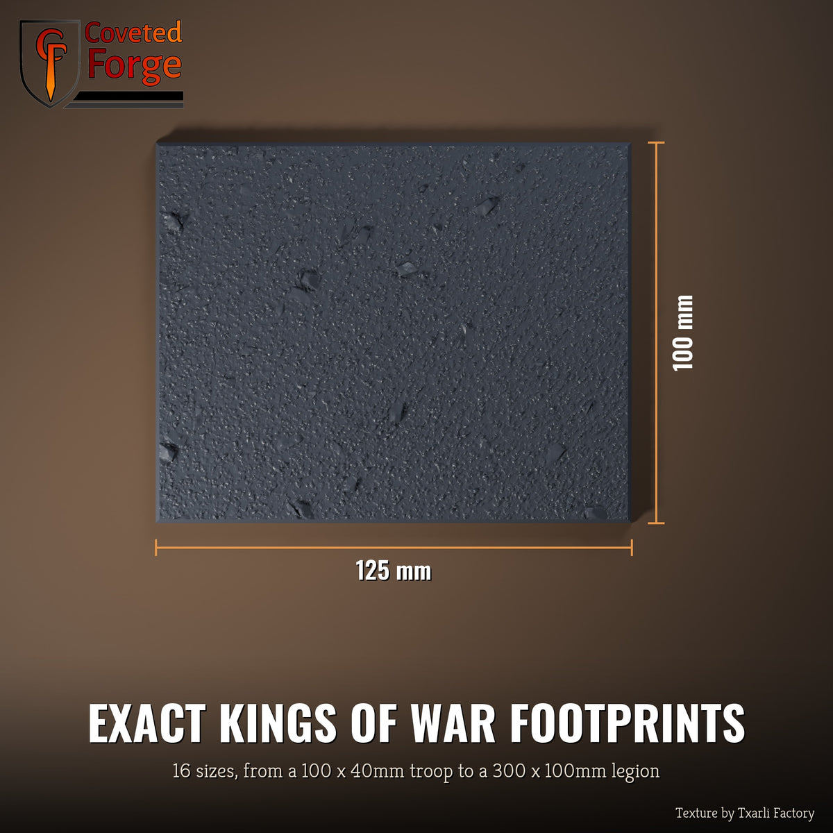 Medium Textured multibase top view with dimensions, 125 x 100mm footprint