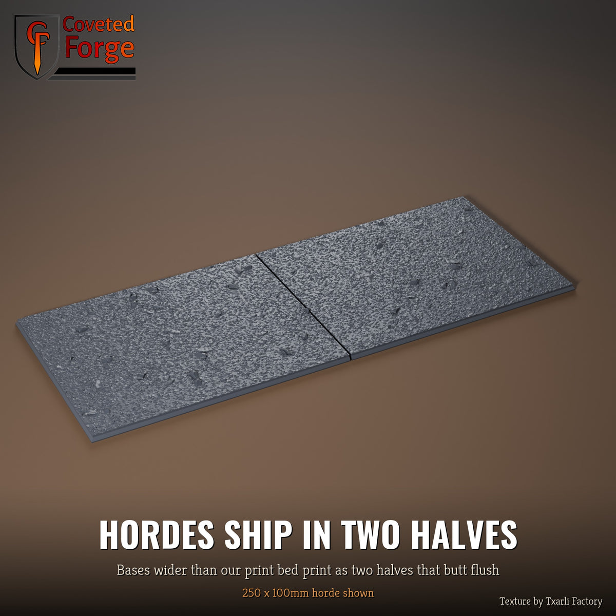 Medium Textured 250 x 100mm horde multibase printed as two halves that butt flush