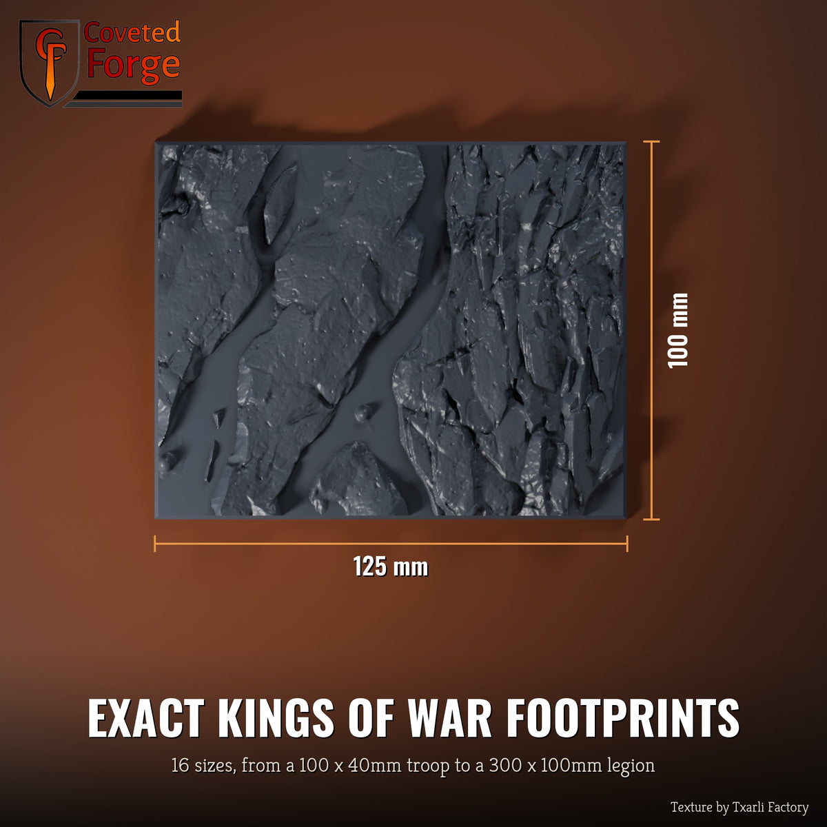 Volcanic multibase top view with dimensions, 125 x 100mm footprint