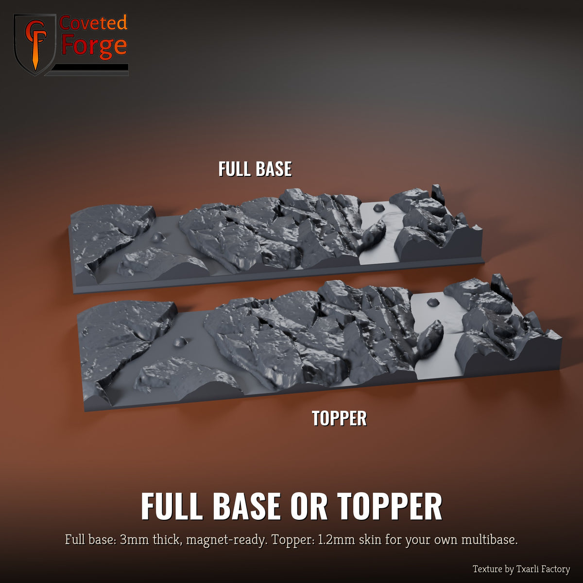 Volcanic 125 x 50mm multibase as a full base and as a base topper, side by side