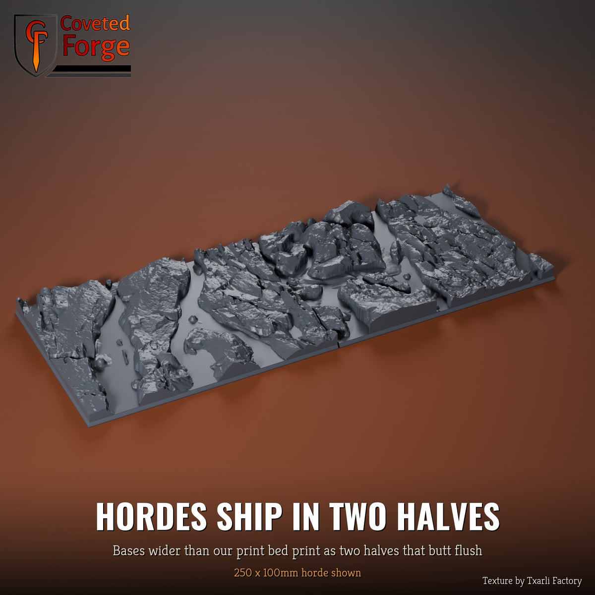 Volcanic 250 x 100mm horde multibase printed as two halves that butt flush