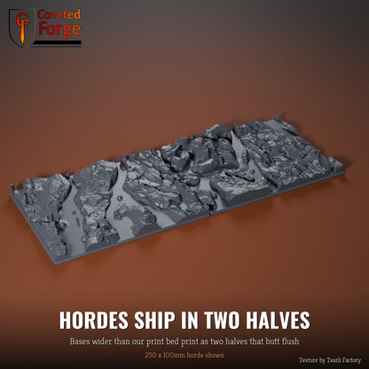 Volcanic 250 x 100mm horde multibase printed as two halves that butt flush