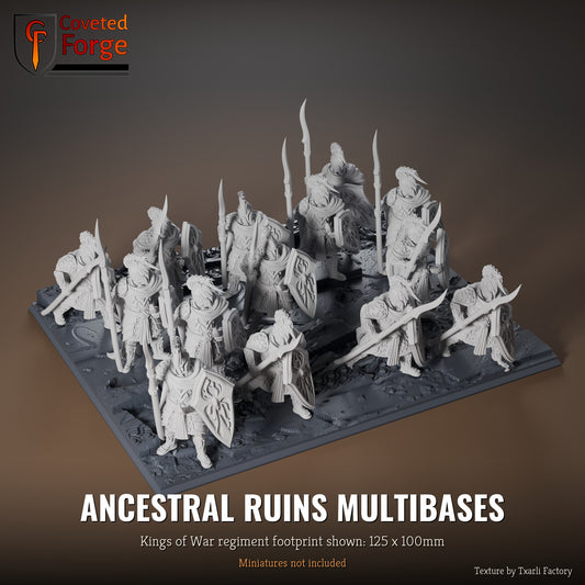 Ancestral Ruins multibase, 125 x 100mm Kings of War regiment footprint shown with 25mm infantry, 3D printed resin, texture by Txarli Factory