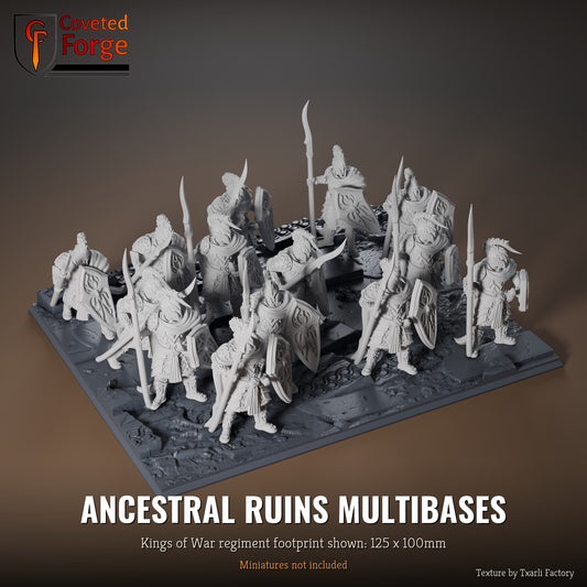 Ancestral Ruins multibase, 125 x 100mm Kings of War regiment footprint shown with 25mm infantry, 3D printed resin, texture by Txarli Factory