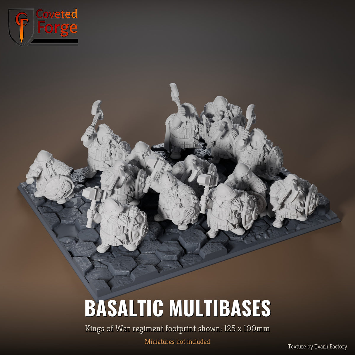 Basaltic multibase, 125 x 100mm Kings of War regiment footprint shown with 25mm infantry, 3D printed resin, texture by Txarli Factory