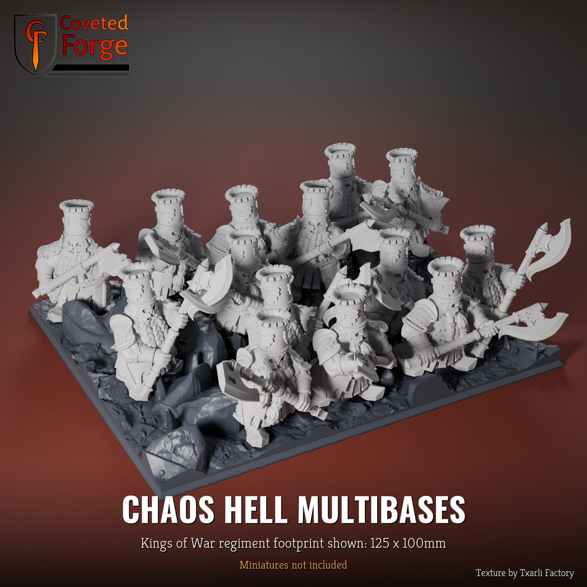 Chaos Hell multibase, 125 x 100mm Kings of War regiment footprint shown with 25mm infantry, 3D printed resin, texture by Txarli Factory