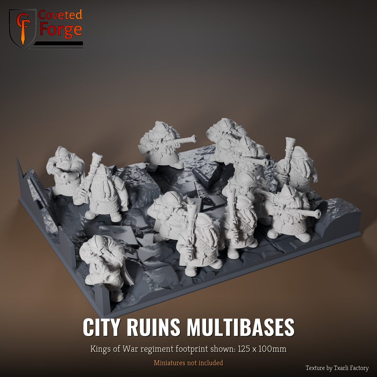 City Ruins multibase, 125 x 100mm Kings of War regiment footprint shown with 25mm infantry, 3D printed resin, texture by Txarli Factory