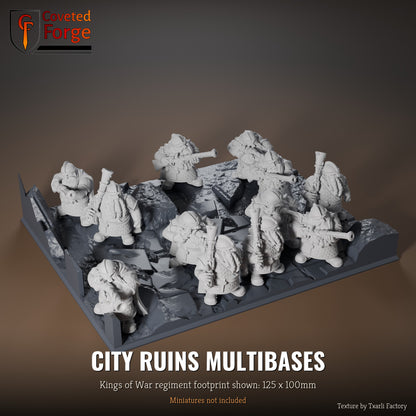 City Ruins multibase, 125 x 100mm Kings of War regiment footprint shown with 25mm infantry, 3D printed resin, texture by Txarli Factory
