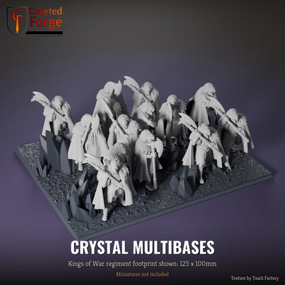 Crystal multibase, 125 x 100mm Kings of War regiment footprint shown with 25mm infantry, 3D printed resin, texture by Txarli Factory