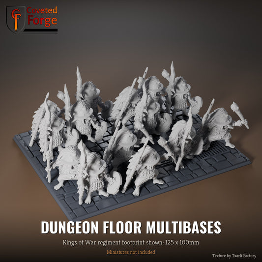 Dungeon Floor multibase, 125 x 100mm Kings of War regiment footprint shown with 25mm infantry, 3D printed resin, texture by Txarli Factory
