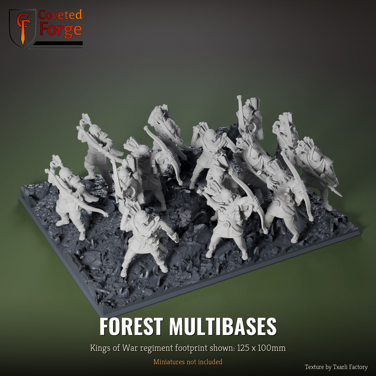 Forest multibase, 125 x 100mm Kings of War regiment footprint shown with 25mm infantry, 3D printed resin, texture by Txarli Factory