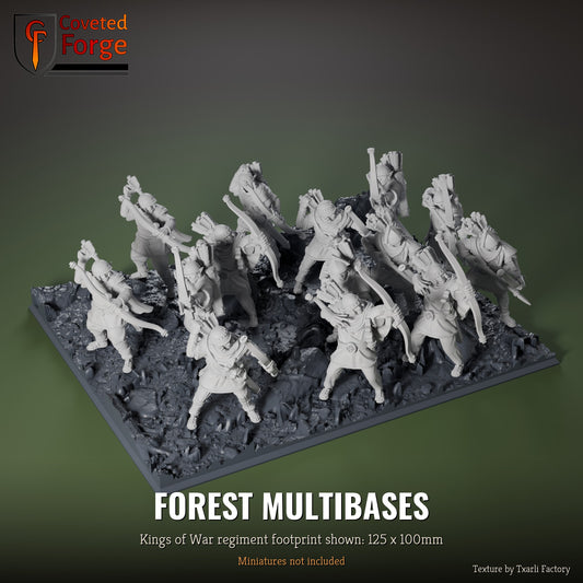 Forest multibase, 125 x 100mm Kings of War regiment footprint shown with 25mm infantry, 3D printed resin, texture by Txarli Factory
