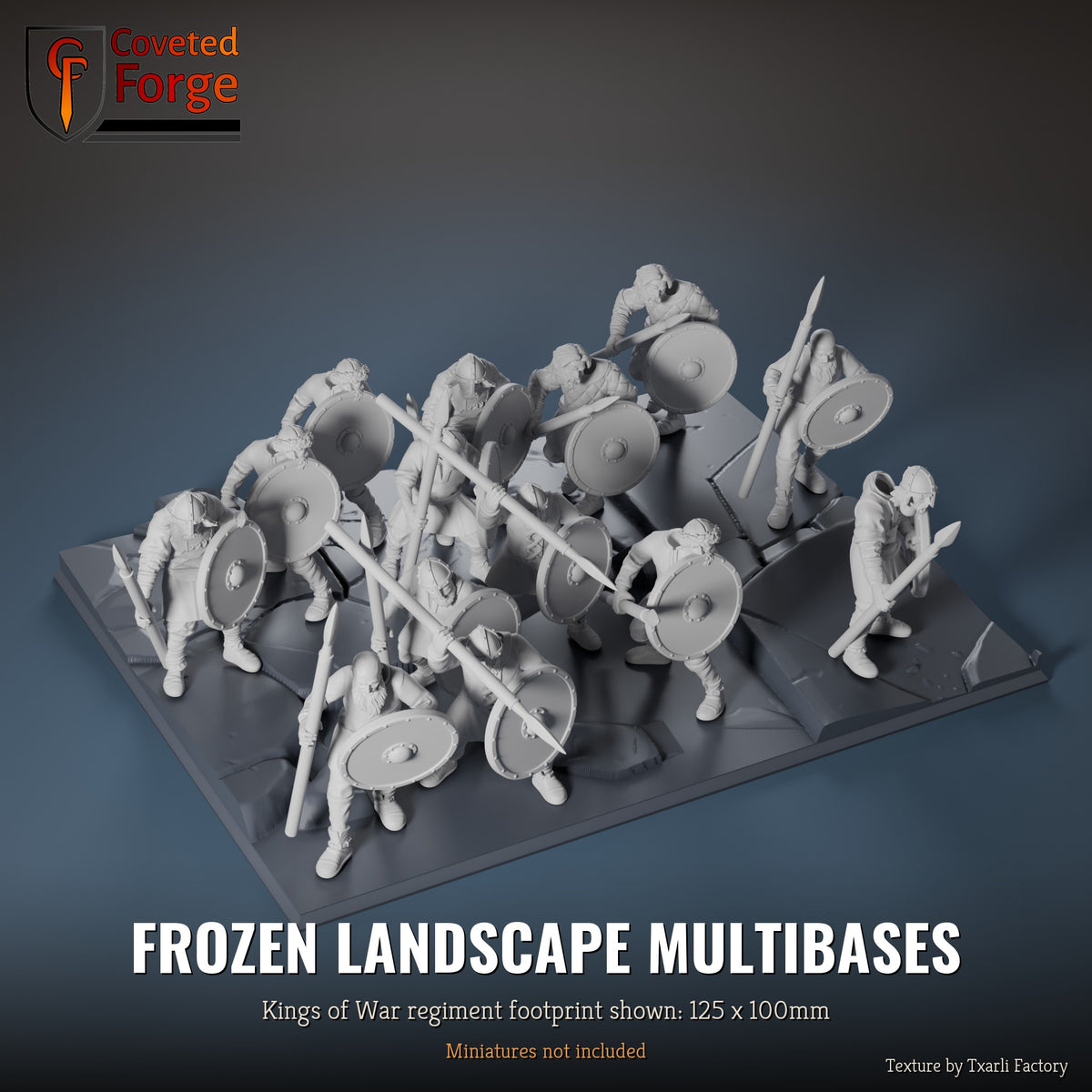 Frozen Landscape multibase, 125 x 100mm Kings of War regiment footprint shown with 25mm infantry, 3D printed resin, texture by Txarli Factory