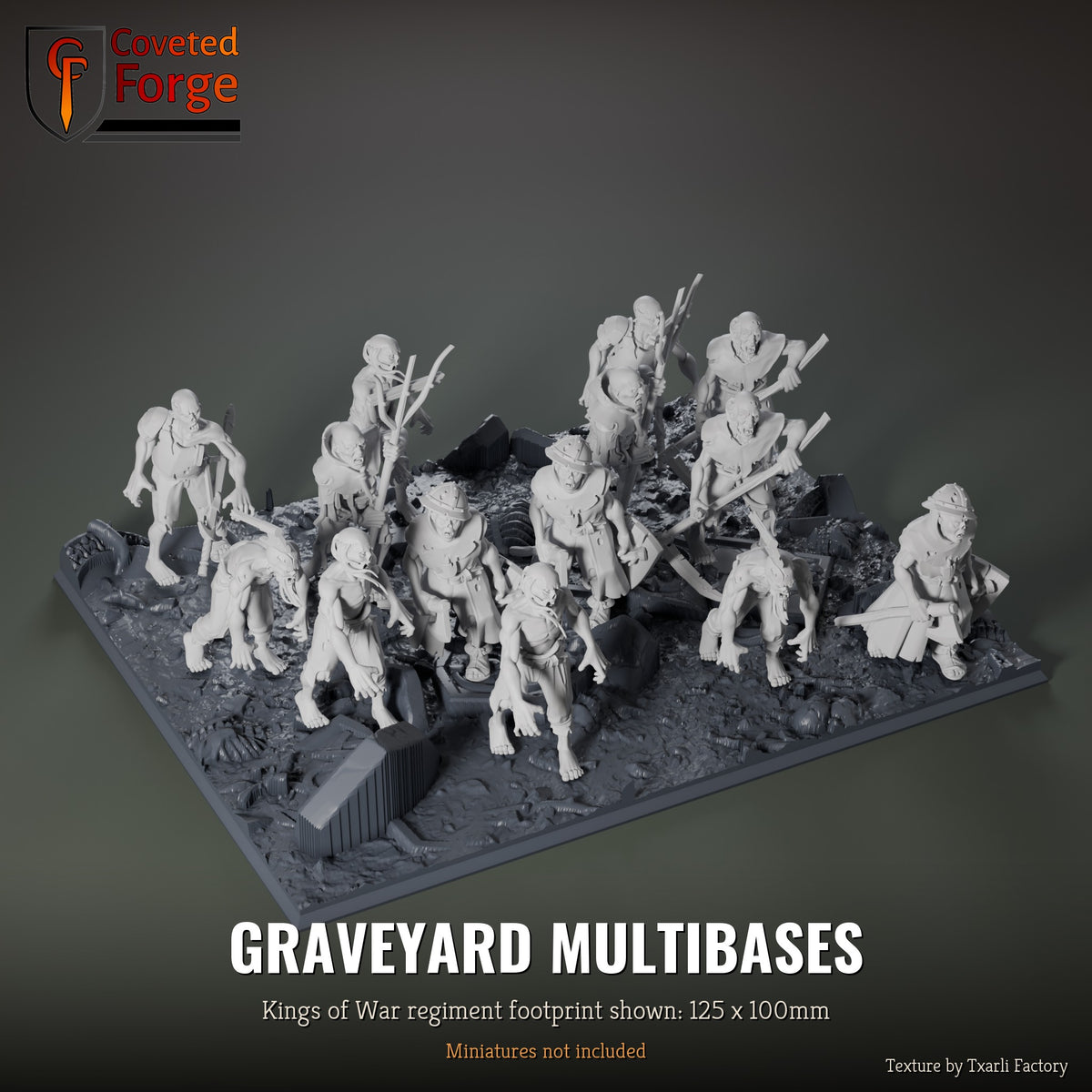Graveyard multibase, 125 x 100mm Kings of War regiment footprint shown with 25mm infantry, 3D printed resin, texture by Txarli Factory