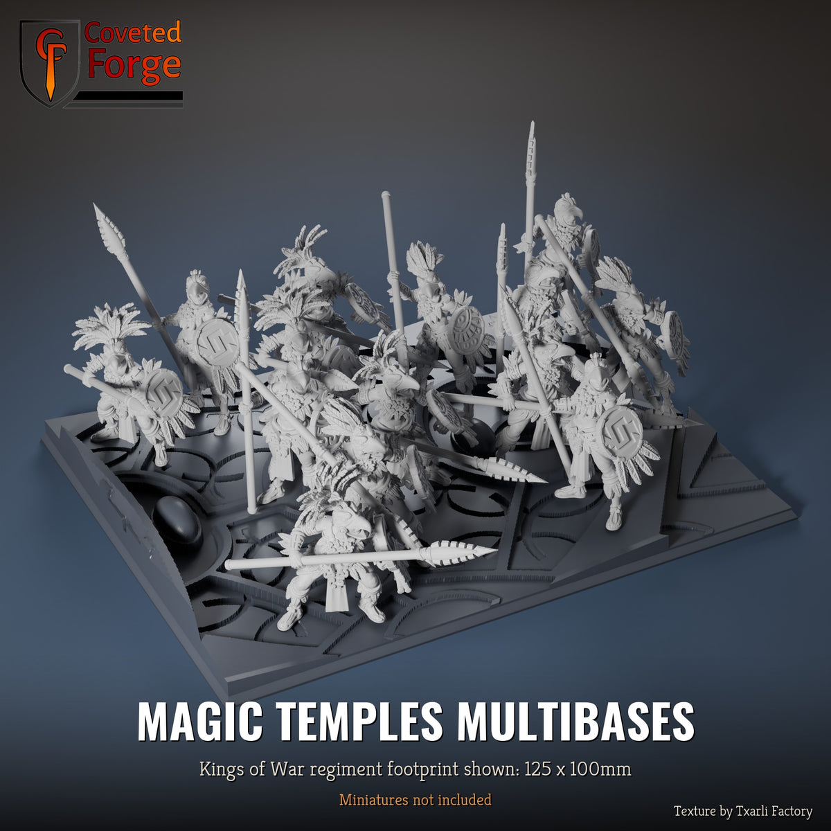 Magic Temples multibase, 125 x 100mm Kings of War regiment footprint shown with 25mm infantry, 3D printed resin, texture by Txarli Factory