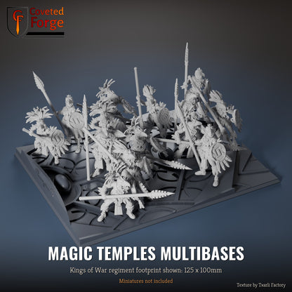 Magic Temples multibase, 125 x 100mm Kings of War regiment footprint shown with 25mm infantry, 3D printed resin, texture by Txarli Factory