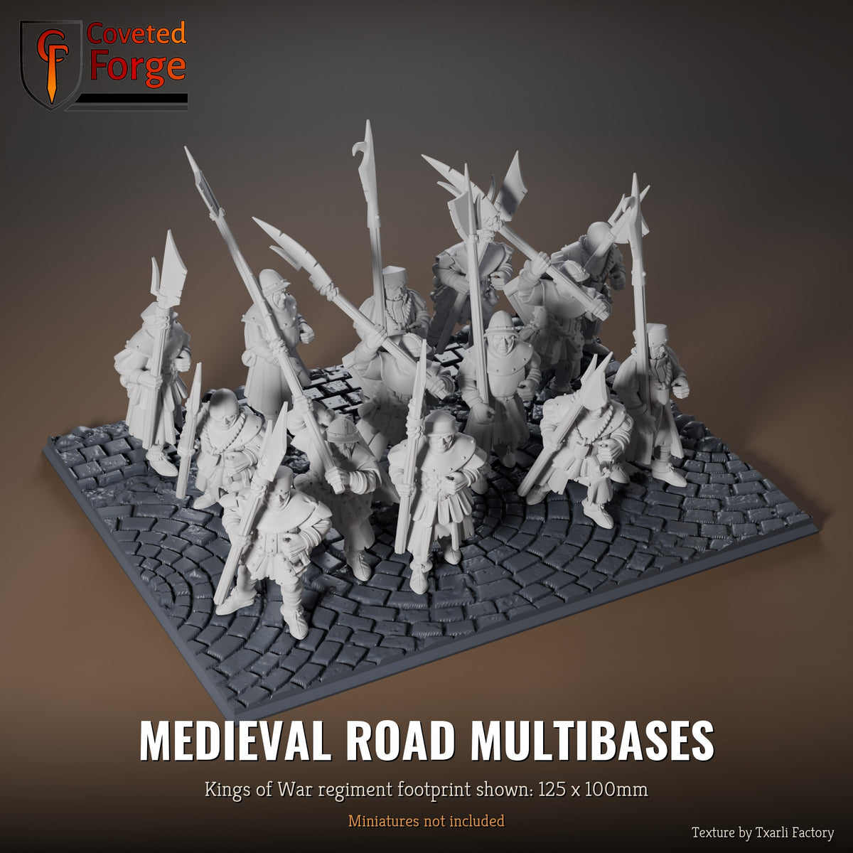 Medieval Road multibase, 125 x 100mm Kings of War regiment footprint shown with 25mm infantry, 3D printed resin, texture by Txarli Factory
