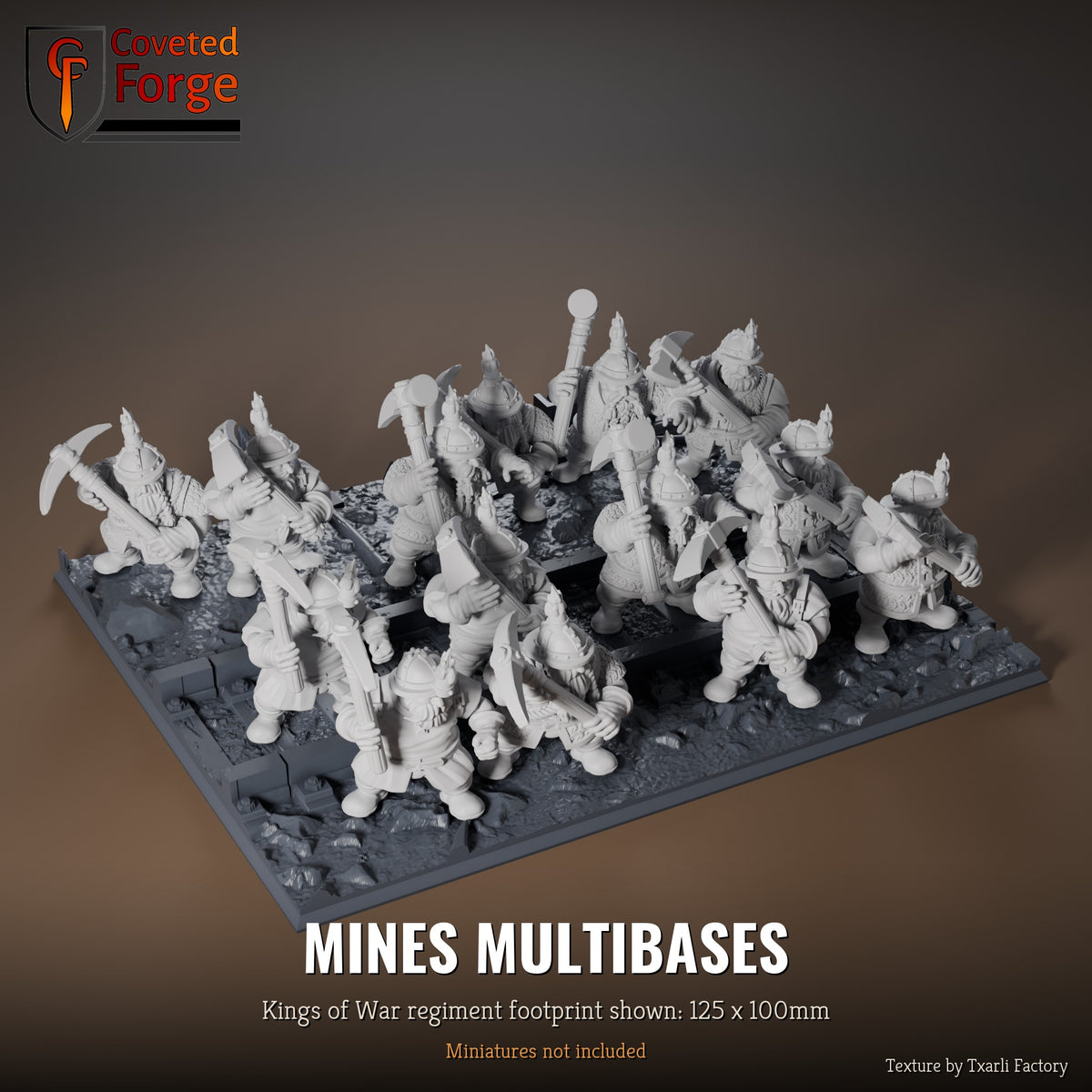 Mines multibase, 125 x 100mm Kings of War regiment footprint shown with 25mm infantry, 3D printed resin, texture by Txarli Factory