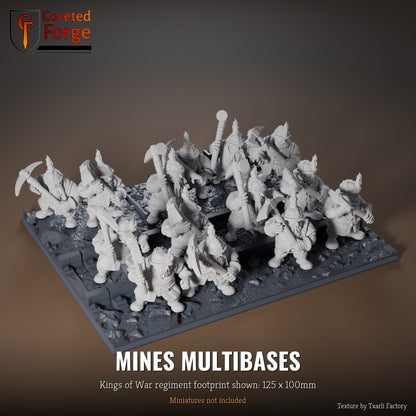 Mines multibase, 125 x 100mm Kings of War regiment footprint shown with 25mm infantry, 3D printed resin, texture by Txarli Factory