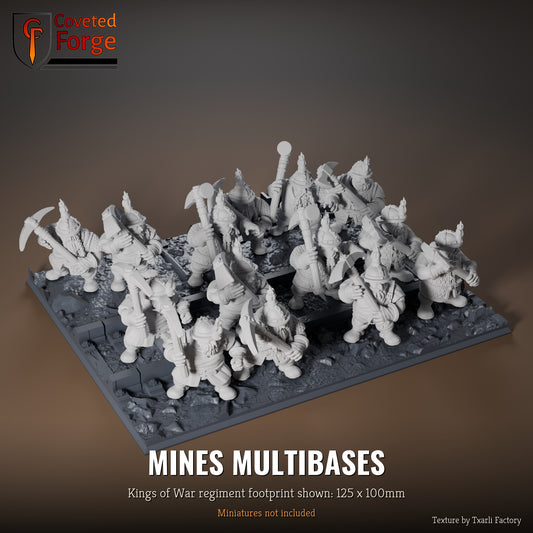 Mines multibase, 125 x 100mm Kings of War regiment footprint shown with 25mm infantry, 3D printed resin, texture by Txarli Factory
