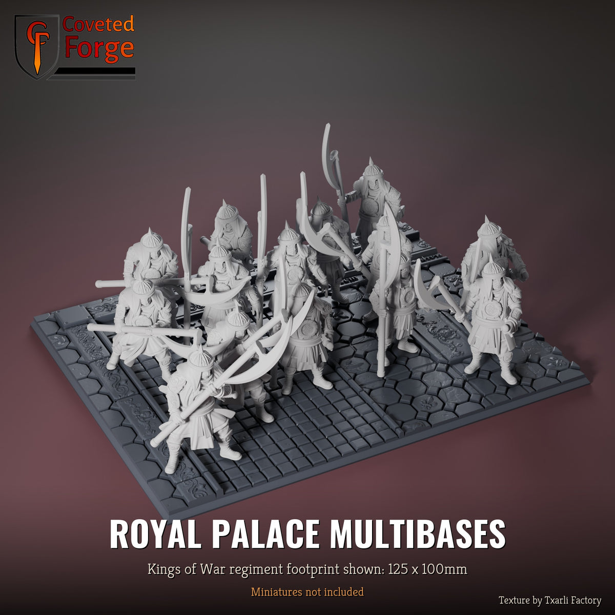 Royal Palace multibase, 125 x 100mm Kings of War regiment footprint shown with 25mm infantry, 3D printed resin, texture by Txarli Factory