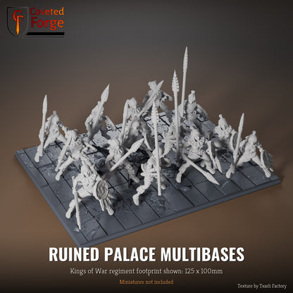 Ruined Palace multibase, 125 x 100mm Kings of War regiment footprint shown with 25mm infantry, 3D printed resin, texture by Txarli Factory