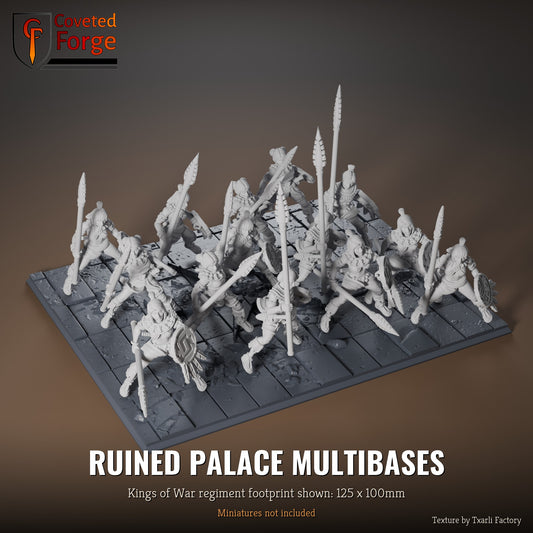 Ruined Palace multibase, 125 x 100mm Kings of War regiment footprint shown with 25mm infantry, 3D printed resin, texture by Txarli Factory