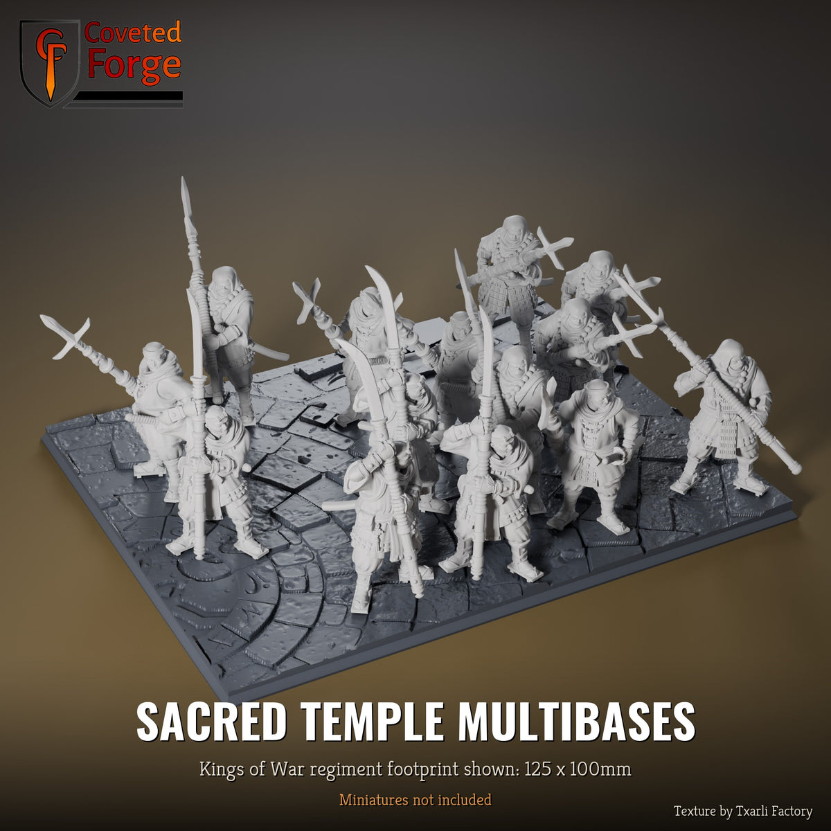 Sacred Temple multibase, 125 x 100mm Kings of War regiment footprint shown with 25mm infantry, 3D printed resin, texture by Txarli Factory