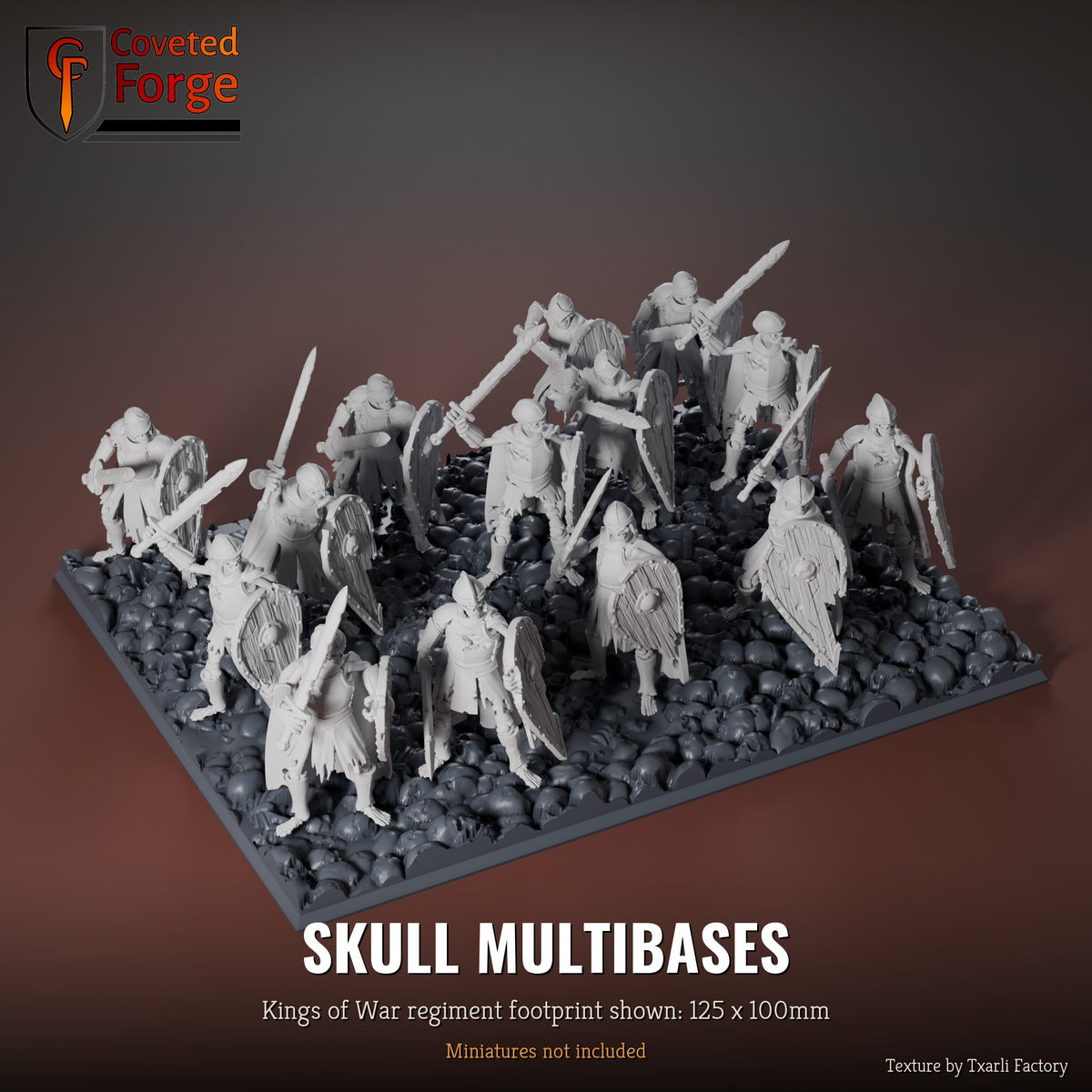 Skull multibase, 125 x 100mm Kings of War regiment footprint shown with 25mm infantry, 3D printed resin, texture by Txarli Factory