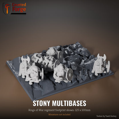 Stony multibase, 125 x 100mm Kings of War regiment footprint shown with 25mm infantry, 3D printed resin, texture by Txarli Factory