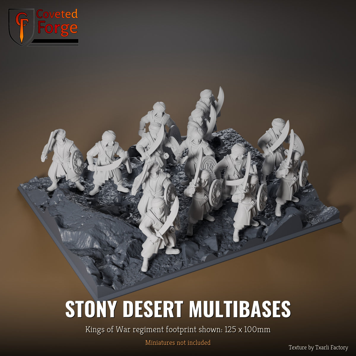 Stony Desert multibase, 125 x 100mm Kings of War regiment footprint shown with 25mm infantry, 3D printed resin, texture by Txarli Factory