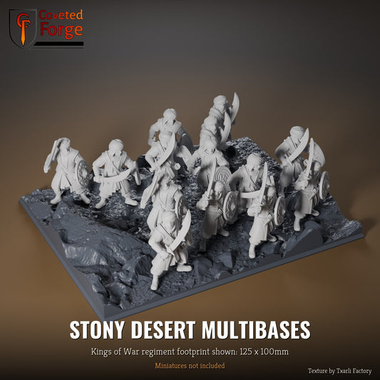Stony Desert multibase, 125 x 100mm Kings of War regiment footprint shown with 25mm infantry, 3D printed resin, texture by Txarli Factory