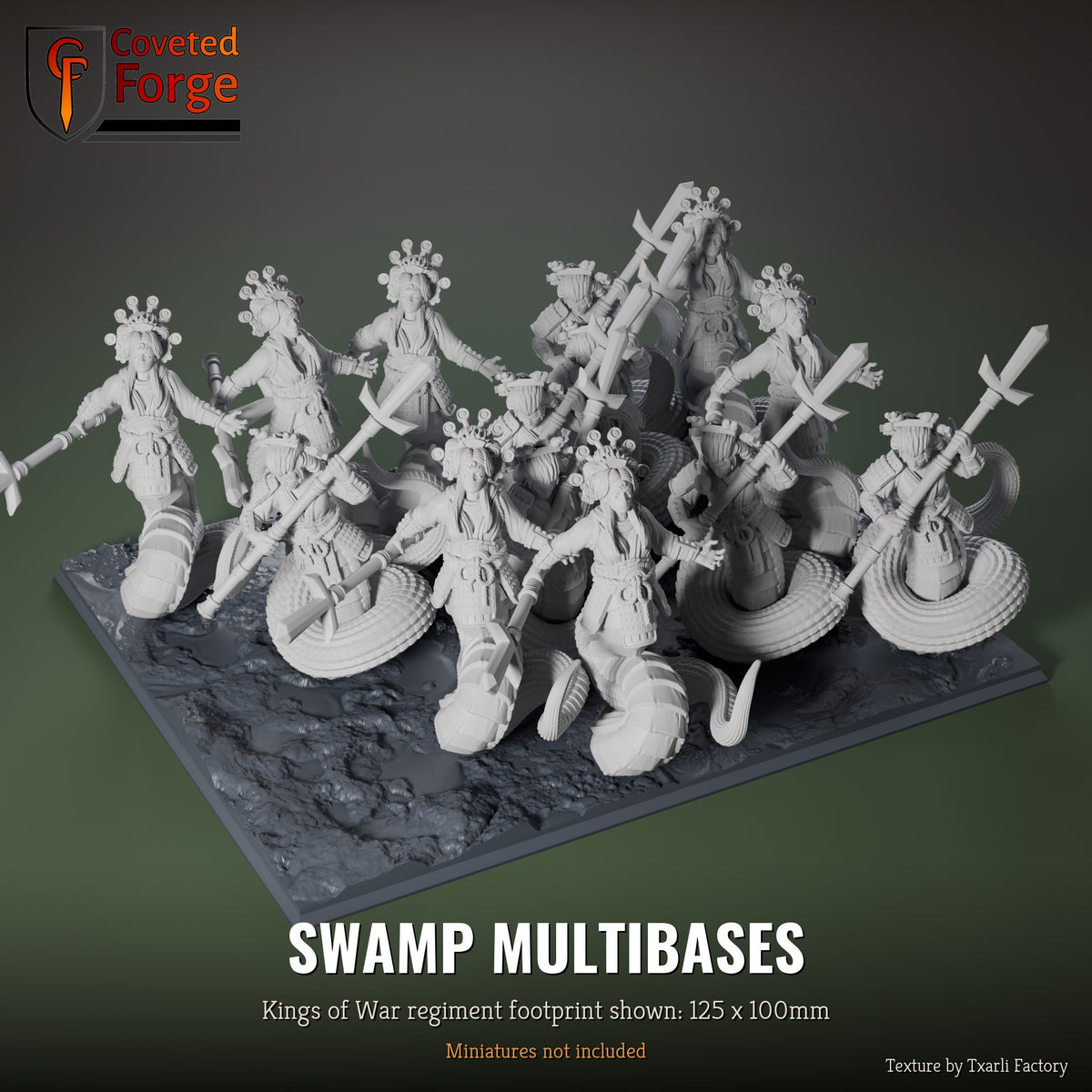 Swamp multibase, 125 x 100mm Kings of War regiment footprint shown with 25mm infantry, 3D printed resin, texture by Txarli Factory