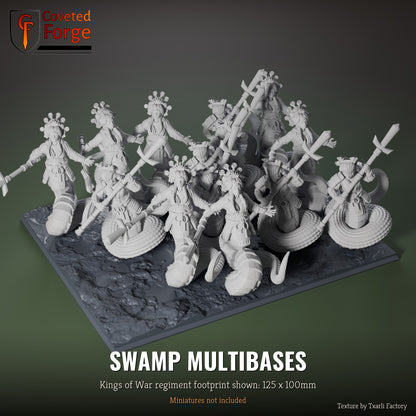 Swamp multibase, 125 x 100mm Kings of War regiment footprint shown with 25mm infantry, 3D printed resin, texture by Txarli Factory