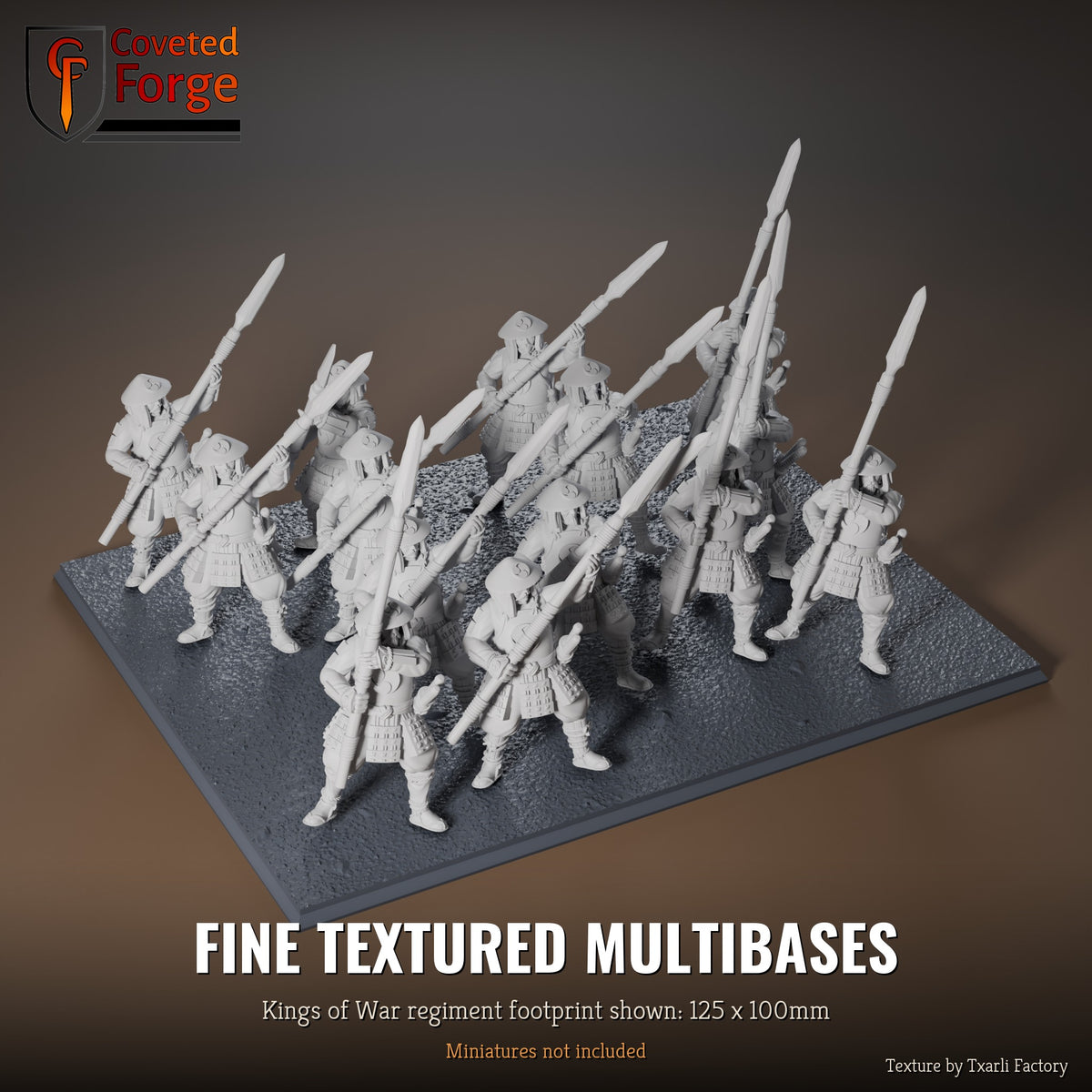 Fine Textured multibase, 125 x 100mm Kings of War regiment footprint shown with 25mm infantry, 3D printed resin, texture by Txarli Factory