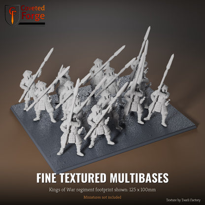 Fine Textured multibase, 125 x 100mm Kings of War regiment footprint shown with 25mm infantry, 3D printed resin, texture by Txarli Factory