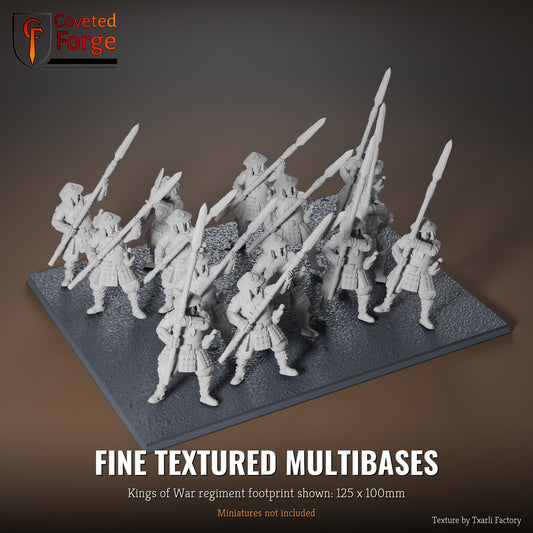 Fine Textured multibase, 125 x 100mm Kings of War regiment footprint shown with 25mm infantry, 3D printed resin, texture by Txarli Factory